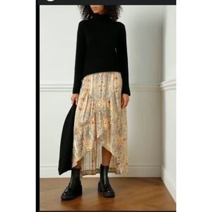 Ba&sh Women's  Floral High-Low Wrap Maxi Skirt Metallic Siz S/6 Boho Ruffle